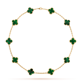 VCA Vintage Alhambra Necklace 10 Motifs 18K Yellow Gold Malachite